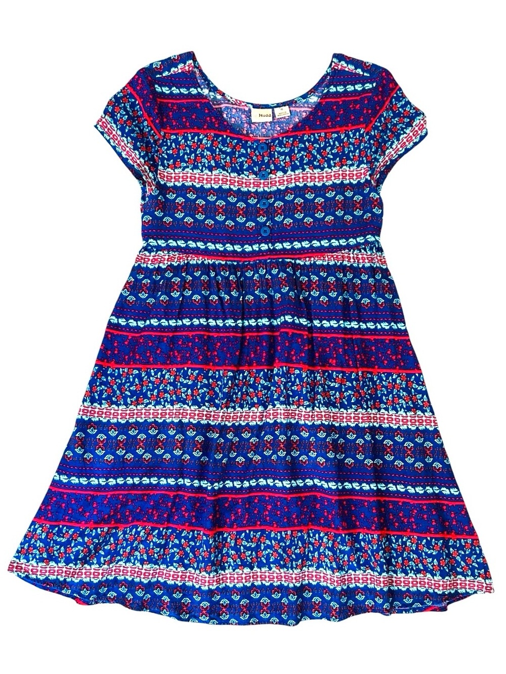 ✅ 5 for $25 - Girls' Blue & Red Patterned Short Sleeve Dress, Size 10